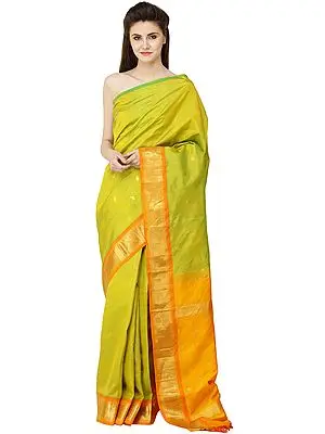 Sulphur-Spring Uppada Sari from Deccan with Zari-Woven Leaves and Border