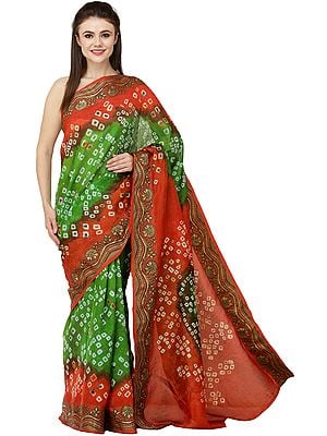 Tigerlily-Orange and Green Bandhani Tie-Dye Sari from Gujarat with Zari Thread Woven Bootis and Flowers