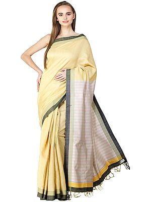 Dusky-Citron Kosa Sari from Bengal with Woven Stripes on Pallu
