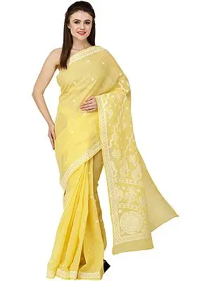 Empire-Yellow Lukhnavi Chikan Sari with Hand-Embroidered White Flowers and Paisleys