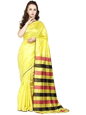 Yellow-Cream Kosa Sari from Jharkhand with Woven Stripes on Pallu