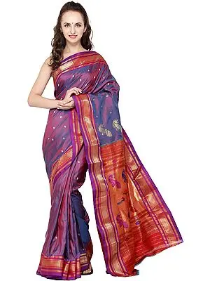 Lilac-Rose and Purple Paithani Sari with Hand-Woven Border and Peacocks on Pallu