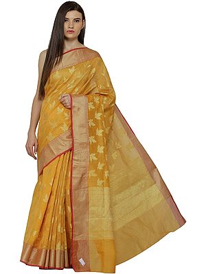 Kora-Cotton Sari from Banaras with Zari Thread Woven Bootis and Border