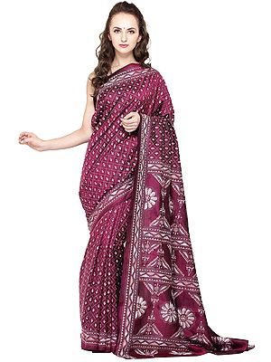 Rasberry-Radiance Sari from Kolkata with Kantha Hand-Embroidered Motifs All-Over