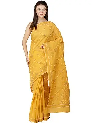 Golden-Glow Lukhnavi Chikan Sari with Hand-Embroidered Flowers and Paisleys