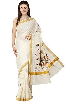 Ivory Kasavu Sari from Kerala with Embroidered Krishna (Baal Gopal) and Golden Border