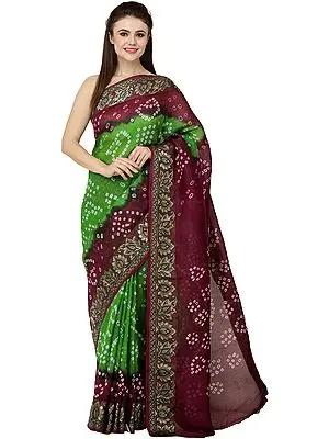 Vibrant-Green and Purple Bandhani Tie-Dye Sari from Gujarat with Zari-Thread Woven Bootis and Flowers