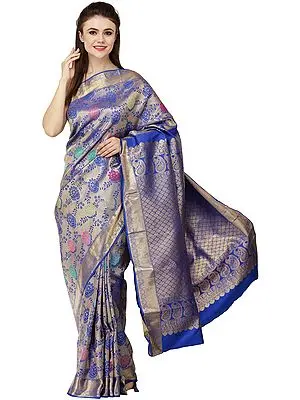 Dazzling-Blue Brocaded Sari from Bangalore with Woven Bootis and Florals All-Over