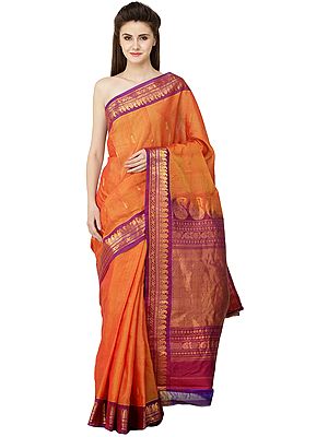 Alpine-Orange Bangalore Silk Sari from Deccan with Zari-Woven Purple Border and Motifs