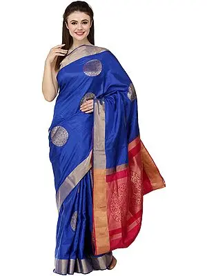 True-Blue Brocaded Uppada Sari from Bangalore with Hand-Woven Giant Bootis