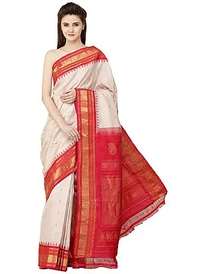 Pale-Shell Kanjivaram Sari from Tamil Nadu with Temple Border and Brocaded Pallu