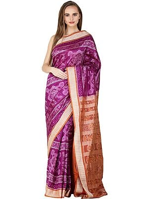 Sparkling-Grape Auspicious Sambalpuri Handloom Sari from Odisha with Ikat Woven Peacocks and Elephants