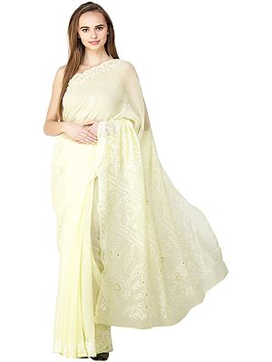 Canary-Yellow Sari with Kantha-Embroidery in  White and Sequins