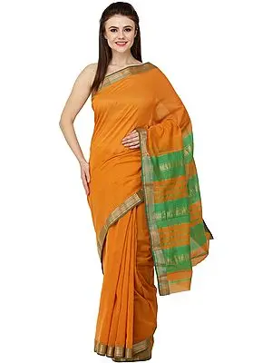 Dark-Cheddar Mrignayani Sari from Andhra Pradesh with Zari Border and Stripes