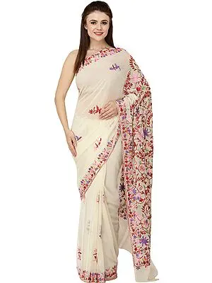 Vanilla-Cream Sari from Kashmir with Aari Embroidered Flowers All-Over