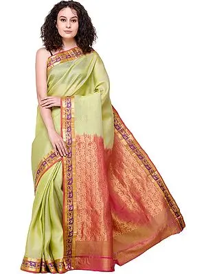 Linden-Green Brocaded Hadloom Kora Sari from Banaras with Diamond Weave and Zari Pallu