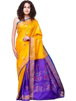 Saffron Uppada Sari from Bangalore with Zari-Weaved Flowers