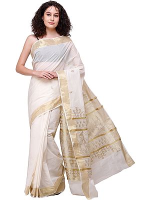 Vanilla-Cream Brocaded Kasavu Sari from Kerala with Zari-Woven Krishna