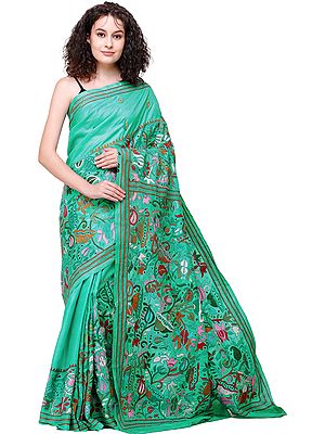 Waterfall Sari from Bengal with Kantha-Embroidered Flowers All-Over