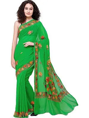 Fern-Green Sari from Kashmir with Aari Embroidered Flowers All-Over