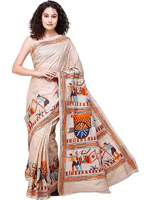 Bleached-Sand Tussar Sari from Bengal with Kantha-Embroidered Marriage Procession