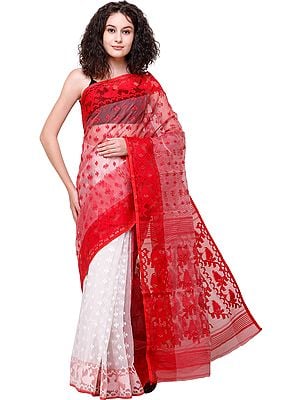 Red and White Jamdani Handloom Sari from Bangladesh with Woven Bootis All-Over