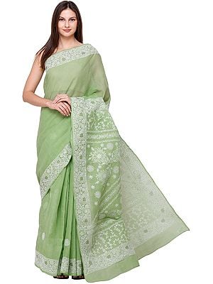 Tendril Lukhnavi Chikan Sari with Hand-Embroidered White Flowers and Paisleys