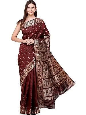 Rum-Raisin Draupadi Baluchari Sari from Bengal with Zari-Woven Episodes from Mahabharata