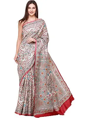 Bleached-Sand Madhubani Sari from Mithila With Auspicious Kohbar Print