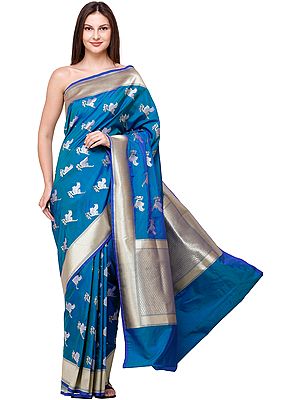 Brocaded Handloom Saree from Banaras with Zari-Woven Swans in Flight