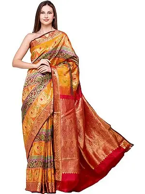 Multicolored Brocaded Wedding Sari from Bangalore with Zari-Woven Peacocks