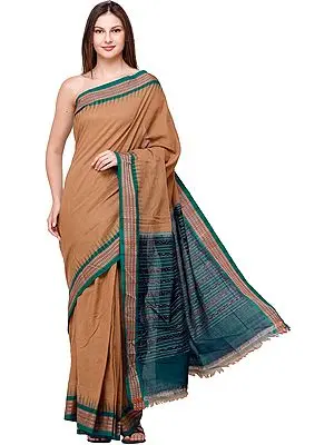 Tannin Handloom Sari from Sambalpur with Temple Border and Ikat Weave on Pallu