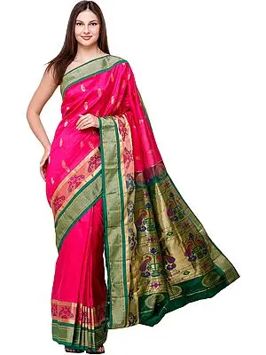 Raspberry-Sorbet Brocaded Paithani-Uppada Fusion Sari from Bangalore with Hand-woven Peacocks on Anchal and Border