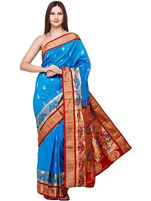 Blue-Jewel Brocaded Paithani-Uppada Fusion Sari from Bangalore with Hand-woven Peacocks on Anchal and Border