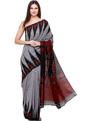 Cloudburst-Gray Temple Handloom Sari with Ikat Weave