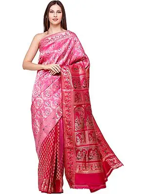 Raspberry-Rose Sita Swarnachari Sari from Bengal with Zari-Woven Episodes from Ramayana