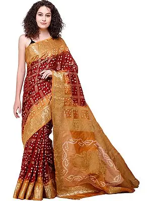 Rio-Red Bandhani Tie-Dye Gharchola Sari From Gujarat with Zari-Weave