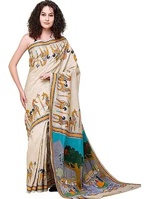 Bleached-Sand  Tussar Sari from Bengal with Kantha-Embroidered Village Landscape