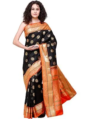 Black and Orange Uppada Sari from Bangalore with Woven Peacocks and Elephants on Pallu