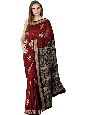 Garnet Bomkai Handloom Sari from Orissa with Woven Bootis on Border and Pallu