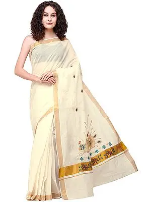 Cream Kasavu Sari from Kerala with Embroidered Peacocks and Golden Border