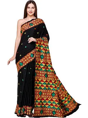 Pirate-Black Phulkari Sari from Amritsar with Multicolor Embroidery on Border and Anchal