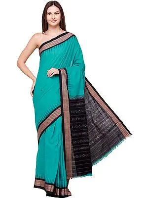 Bright-Aqua Handloom Sari from Sambhalpur with Temple Border and Ikat Weave on Pallu