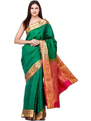 Pepper-Green Sari from Bangalore with Self-Weave and Peacocks on Border and Pallu