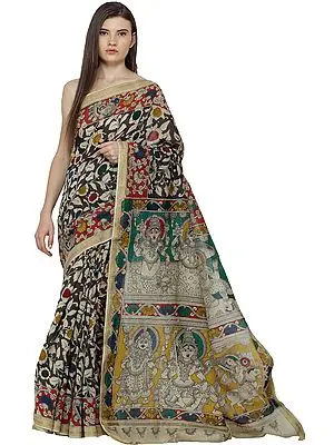 Sea-Mist Kalamkari Sari from Telangana with Dashaavatar Vishnu on Pallu