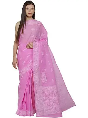 Fuchsia Pink Lukhnavi Chikan Sari with Hand-Embroidered Flowers and Paisleys