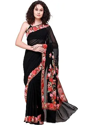 Midnight Black Sari from Kashmir with Aari Embroidered Flowers All-Over