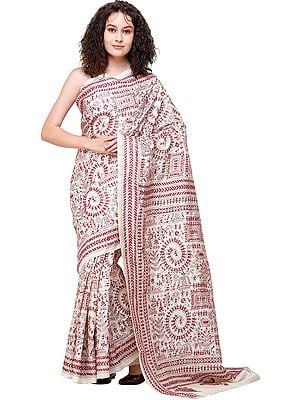 Cream and Red Warli Sari from Kolkata with Kantha-Embroidery by Hand
