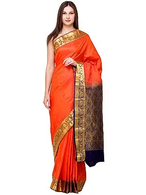 Flame Uppada Sari from Bangalore with Self-Weave and Peacocks on Border