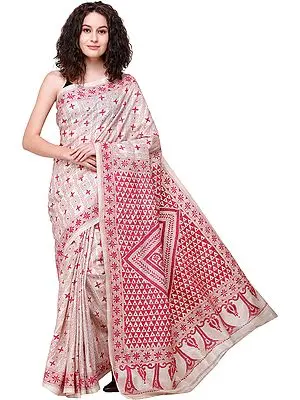 Pearled-Ivory Sari from Kolkata with Floral Kantha-Embroidery by Hand